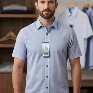 Duchamp Men’s Short Sleeve Button-Up Shirt, Size Large, Light Blue Dots
