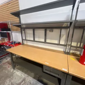 Uline Industrial Workbench With Overhead Shelving and Keyed Drawer, 6 ft x 7 ft x 30 in