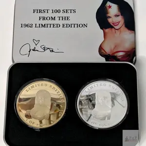 [Rare] Limited Edition JULIE STRAIN (1962–2021) FANS CLUB Wonder Woman Collectable Medallion Pair in Collectable Metal Tin, February 18, 1962 Concord 