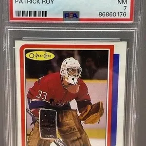 1986 Graded 7 Patrick Roy O-Pee-Chee Hockey Card.