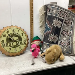 BOTTLE CAP CLOCK AND STUFFIES, RUG RUNNER
