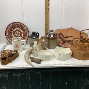 HYCROFT BEER STEIN, POTTERY JUGS, HORN, BELT, COLLAR FORMS