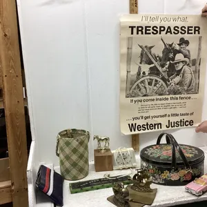 BUTTONS, POSTER, OLD TROPHYS, PENCIL TIN, VINTAGE CLOCK, VINTAGE TIN