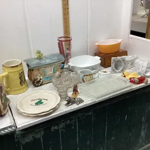 CORNING WARE, HYCROFT STEIN, COOKIE JAR(CHIPPED), GLASS JUICER,