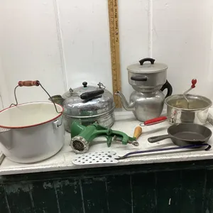 MEAT GRINDER, CAST FRY PAN, KETTLE, ENAMELWARE KETTLE,