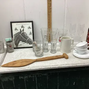 TRIPLE CROWN PICTURE, OLYMPIC GLASSES, MED HAT POTTERIES JUG (CHIPPED)