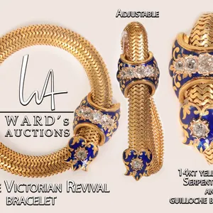 Antique Victorian Revival 14kt yellow gold, diamond, serpentine link and guilloche blue enamel adjus