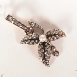 Antique pearl and diamond leaf and pearl pendant. Hand made in silver and 18kt yellow gold, pearl an