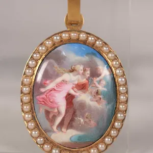 Antique 18kt yellow gold hand painted mural set with thirty-eight half-round natural seed pearls. Re