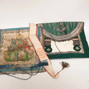 Selection of Regalia including antique Masonic kid leather and silk apron, decorated with silver thr
