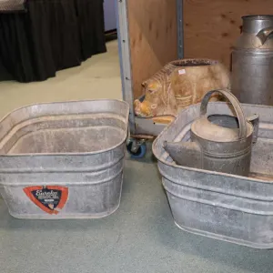 Four pieces of galvanized metal including Palm Edmonton 16" milk can, 10 quart watering can and two 