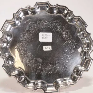 Sheffield 1904 sterling silver tray with sculpted edge and engraved interior. 7-1/4" in diameter