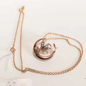 Antique English rose gold, seed and fresh water pearl brooch/ pendant on 20" gold chain, both marked