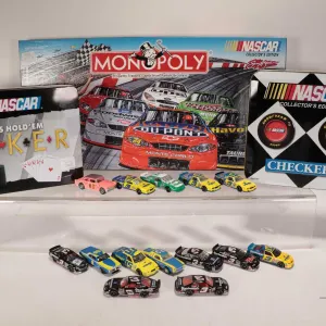 Selection of Nascar collectibles including Nascar Collector's Edition Monopoly, Texas Hold' Em poker