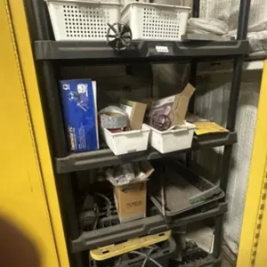 5-Shelf plastic storage shelf with contents