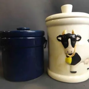 Vintage Cobalt Blue Enamelware Crock With Metal