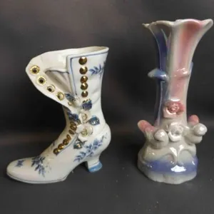 Vintage Victorian-Style Boot Vase - Blue Floral