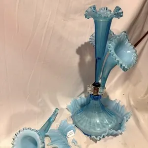 Fenton Epergne Blue Fluted Hand Blown 5-Piece