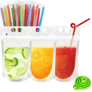 Reusable Drink Pouches Clear Drink Bags with Disposable Plastic Straws