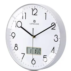 Lafocuse 12 Inch Silent Silver Wall Clock with Date and Day, Modern Analog Clocks with LCD Display B