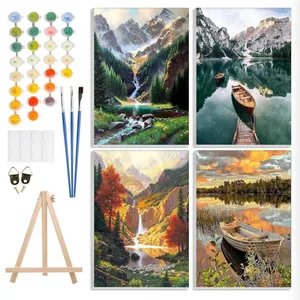 4 Pack Paint by Number Kit for Adults Framed Canvas, with Easel, Acrylic Easy Paint by Numbers for B
