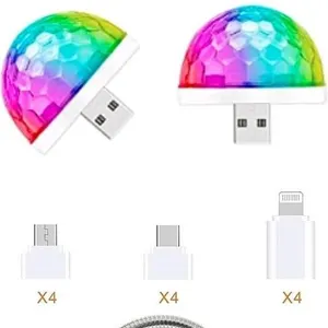 New 4-Pack Mini Disco Ball Sets, Colors & Lights Change With Audio, Includes 4× USB-A to Micro USB, USB-C & Lightning Adaptors & 4× 5" Lon