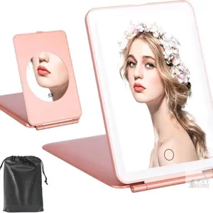 New LED Travel Mirror with 5x Magnification, Folding Lighted Makeup Mirror 3 Colors Light Modes, Rechargeable Portable Ultra Thin Compact Vanity Mirro
