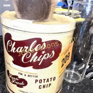 VINTAGE POTATO CHIP TIN AND CANISTERS