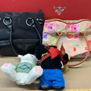 2 Handbags, battery operated gorilla and a plush