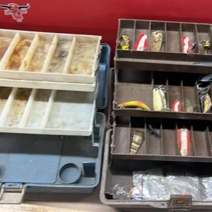 Two plastic tackleboxes with some vintage lures