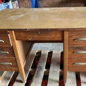 Heavy two pedestal desk with arborite top. 50”W x