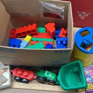 Box of building blocks and toys