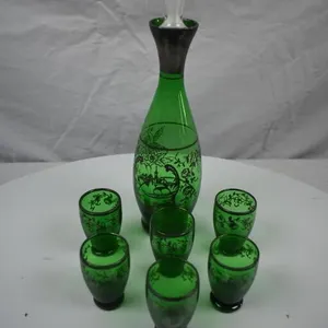 Murano Green Glass Decanter W/6 Cordial Glasses