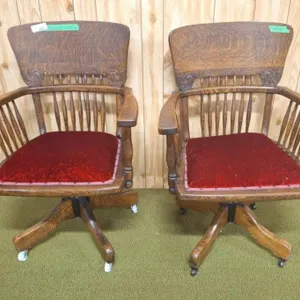 Vintage wooden swivel & tilt arm chair with red
