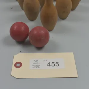 Antique Set of Wooden Bowling Pins and two balls