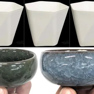 NEW Set of 3 Modern White Geometric Plastic Planter Pots & 2 Crackle Glazed Ceramic Bonsai Pots