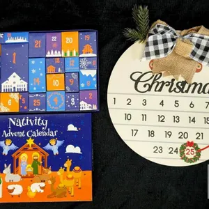 Nativity Advent Calendar with Figurines and Christmas Countdown Wooden Disk 12" Farmhouse Decor