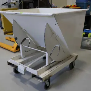 Yard-Mate forklift style self dumping hopper, 43"h x 43" x 39".