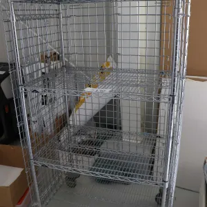 Heavy duty two door, lockable cabinet on castors, two shelves, 68"h x 38"w x 25"d.