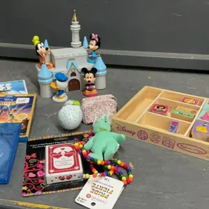 COLLECTION OF DISNEY TOYS,  TOYS IN EGGS, DISNEY STAMPS, A FEW DVD'S, BOOT MONEY BANKS