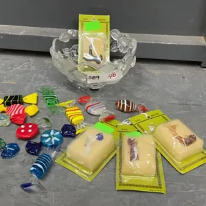 SMALL BOWL W/ GLASS “CANDY” AND MINI ANIMAL FIGURES