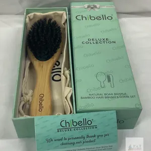 NEW Chibello Deluxe Collection Natural Boar Bristle Bamboo Hair Brush with Pouch & Gift Box -shows transit wear on box