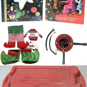 Large Christmas Decor Storage Tote Lot with Books, Ornaments, Tree Stand, Stockings & More