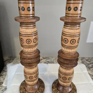 1117 - Vintage hand-carved wooden candle holders. Ukranian Hutsil folk art.  Dated 1993 and signed o