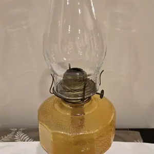 1109 - Vintage amber floral glass kerosene lamp with chimney.  18 1/2" tall. No chips or cracks.