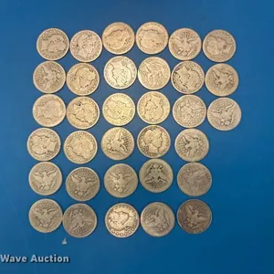 Approximately 33 Barber half dollar coins