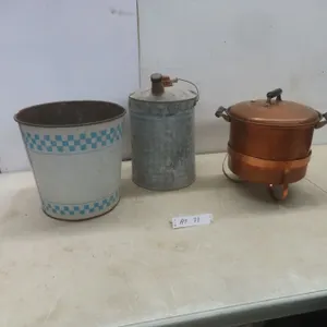 Galvanized Gas Can, Metal Pail and Large Copper Pot on Stand