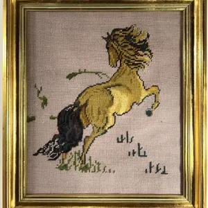 VINTAGE NEEDLEPOINT REARING GOLDEN STALLION