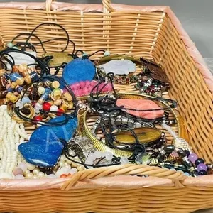 wicker basket w/ costume necklaces & pendants