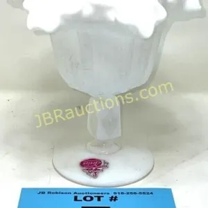 FENTON MILK GLASS STEM CANDY BOWL W STICKER